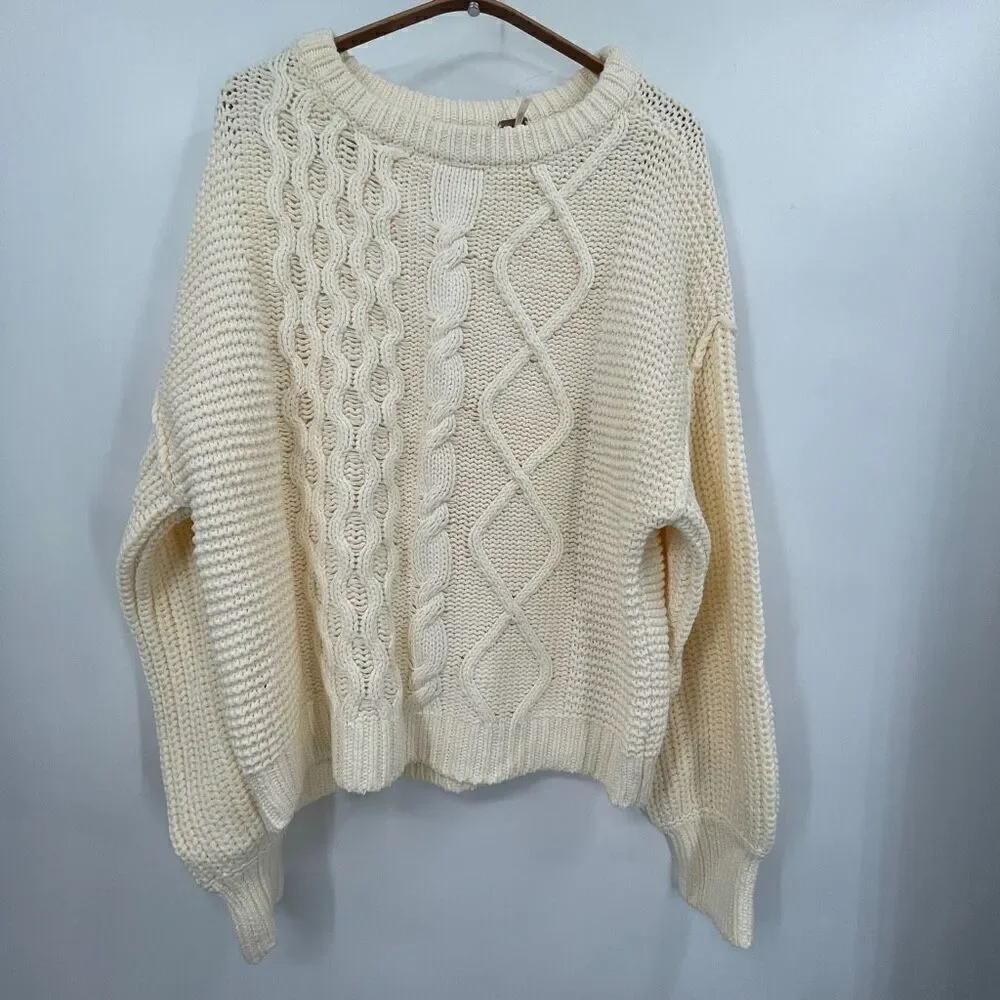 Free People Cream Dream Cable Knit Oversized Fisherman Sweater Size XS